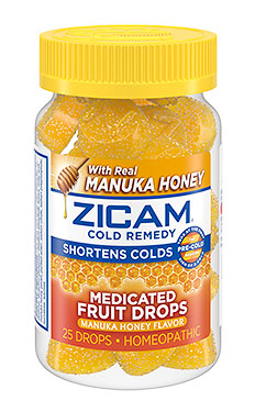 Package of Zicam® Medicated Fruit Drops with real Manuka Honey.