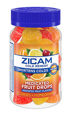 Package of Zicam® Medicated Fruit Drops with assorted fruit flavors.