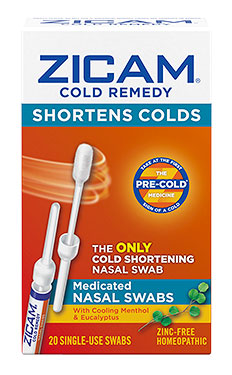 Package of Zicam® Medicated Nasal Swabs with cooling Menthol and Eucalyptus.