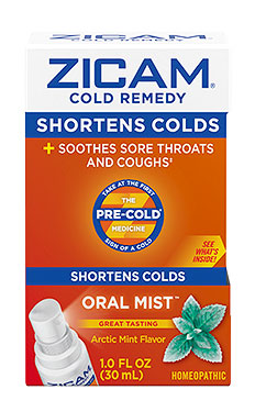 Package of Zicam® Arctic Mint Flavor Oral Mist™ for soothing sore throats and coughs.