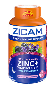 Package of Zicam® Blackberry Lavender Flavor  Zinc+ Gummies for sleep and immune support.