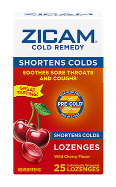 Package of Zicam® Cherry Flavor Lozenges for sore throats and coughs.
